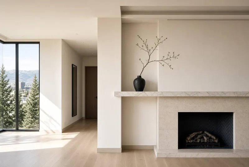 Quiet living room with stone fireplace and oak floors